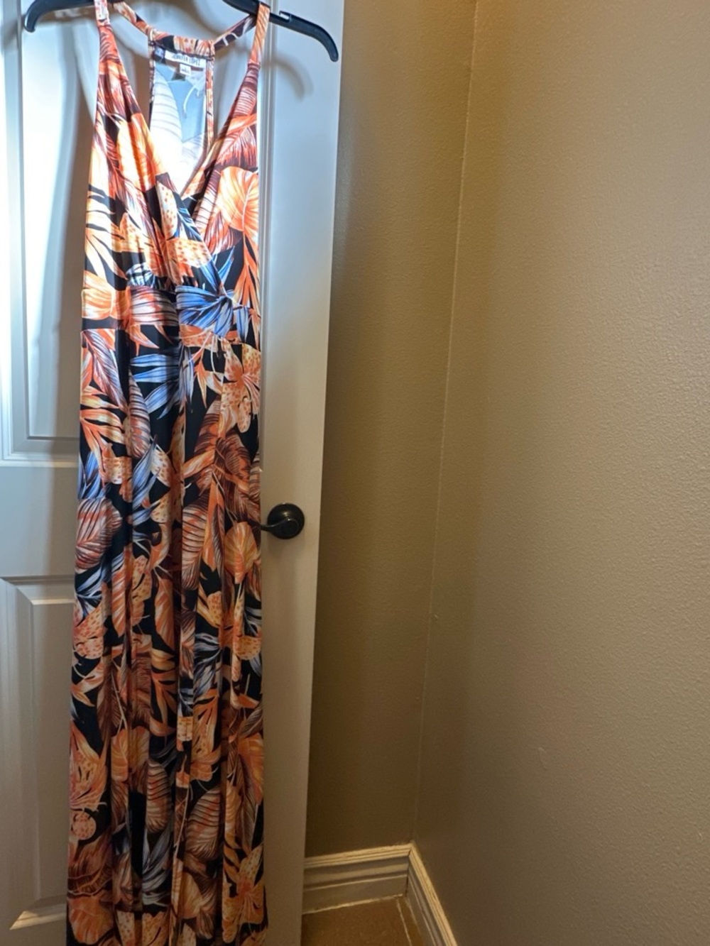 Jennifer Lopez Tropical Floral Maxi Dress in Navy, Orange and Blue